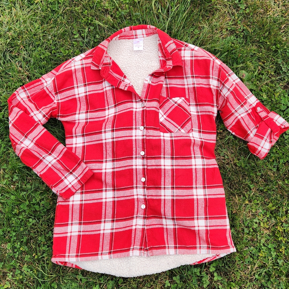 Legendary Whitetails Women's Red and White Plaid Button Down Cozy Shirt